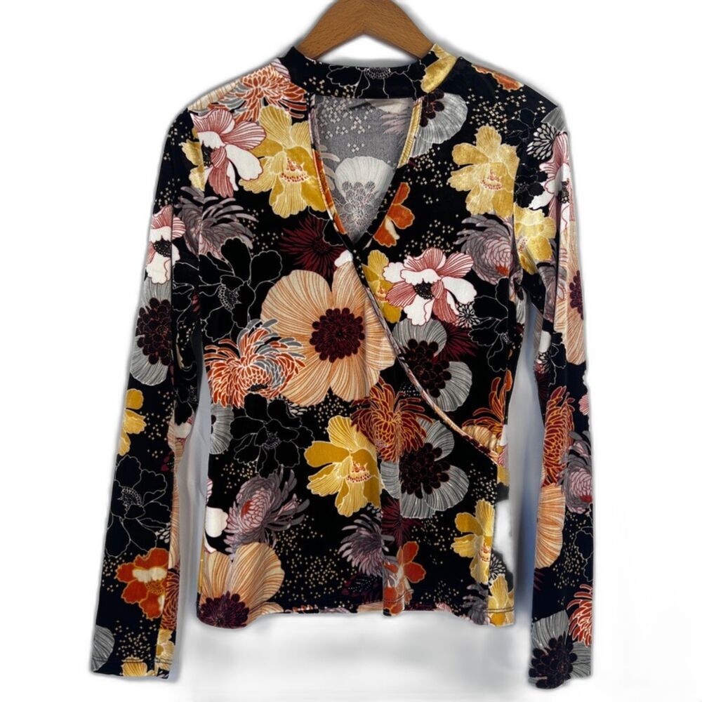 Current Project Black Floral Choker Cut Out Faux Wrap Fitted Top‎ Size Small